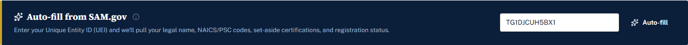 The Auto-fill from SAM.gov hero at the top of the company profile: a UEI input and an Auto-fill button