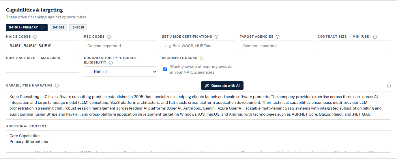 The Capabilities and targeting section: NAICS chips with the first marked Primary in gold, then NAICS codes, PSC codes, set-aside certifications, target agencies, contract size, organization type, the Recompete radar checkbox, and the capabilities narrative