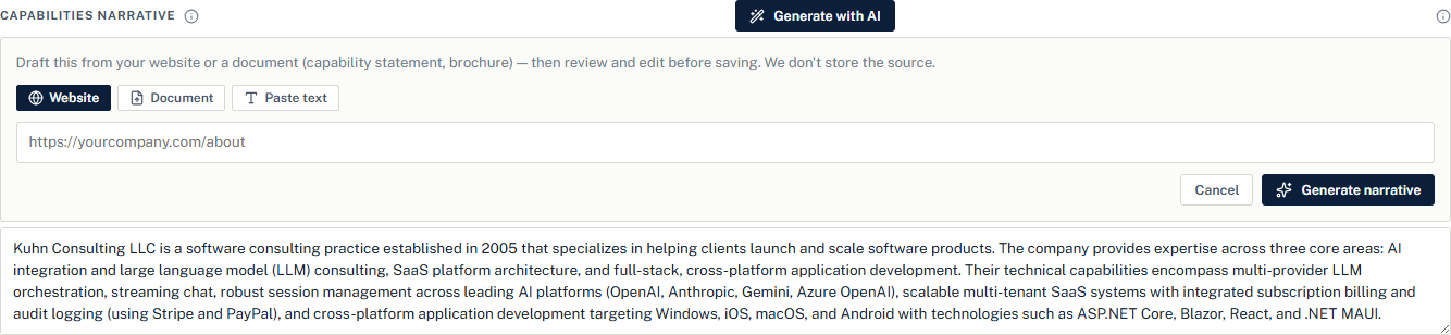 The Generate with AI panel open above the capabilities narrative, with Website, Document, and Paste text source buttons, a URL box, and Cancel and Generate narrative buttons