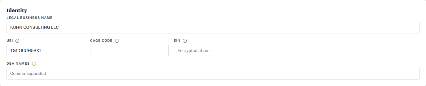 The Identity section: legal business name, UEI, CAGE code, EIN, and DBA names