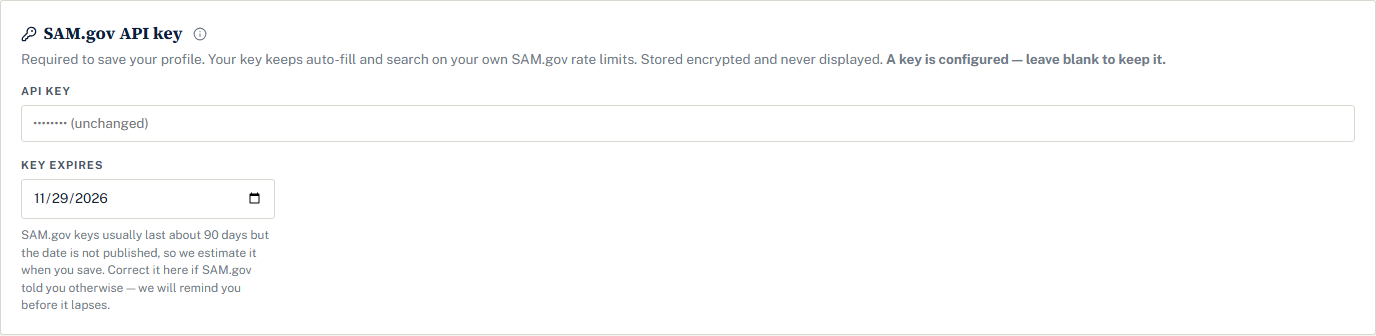 The SAM.gov API key section: a masked API key field reading unchanged, and a Key expires date with a note about the 90-day estimate