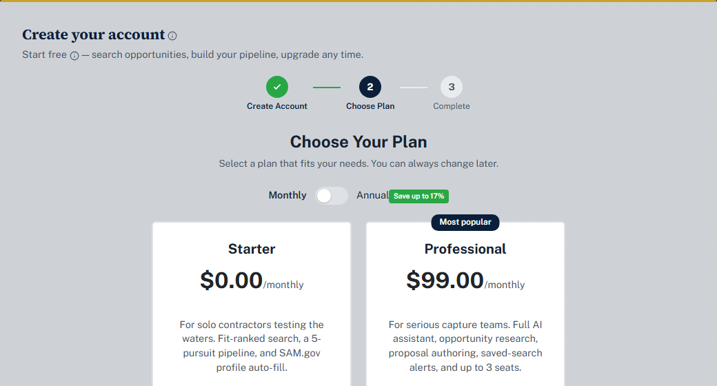 The Choose Your Plan step of sign-up, showing the Starter and Professional cards with their features, limits, and buttons