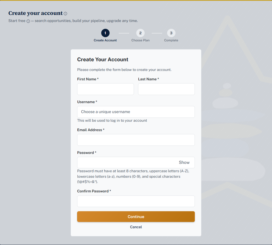 The Create your account form on cairnfed.ai, with first name, last name, username, email, and password fields