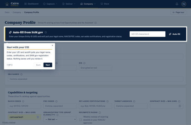The Company Profile page with the Auto-fill from SAM.gov box highlighted and the Start with your UEI tour step open