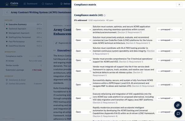 The compliance matrix listing 42 requirements extracted from one solicitation