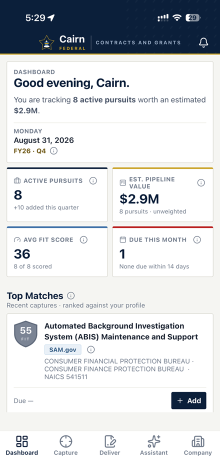 The Cairn dashboard on the iPhone app