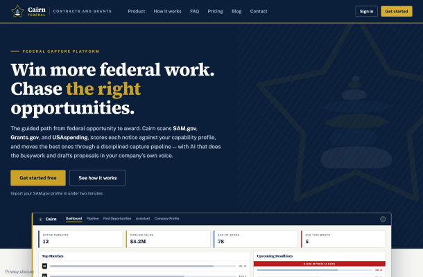 The Cairn Federal home page, with the headline "Win more federal work. Chase the right opportunities." and the Get started free button
