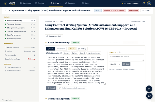 A proposal section open in the editor with the AI edit tools available for a selected passage
