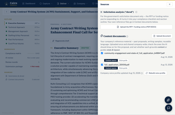The Sources drawer listing attached documents, each toggled to Content source or Style guide, with a Rebuild voice profile button
