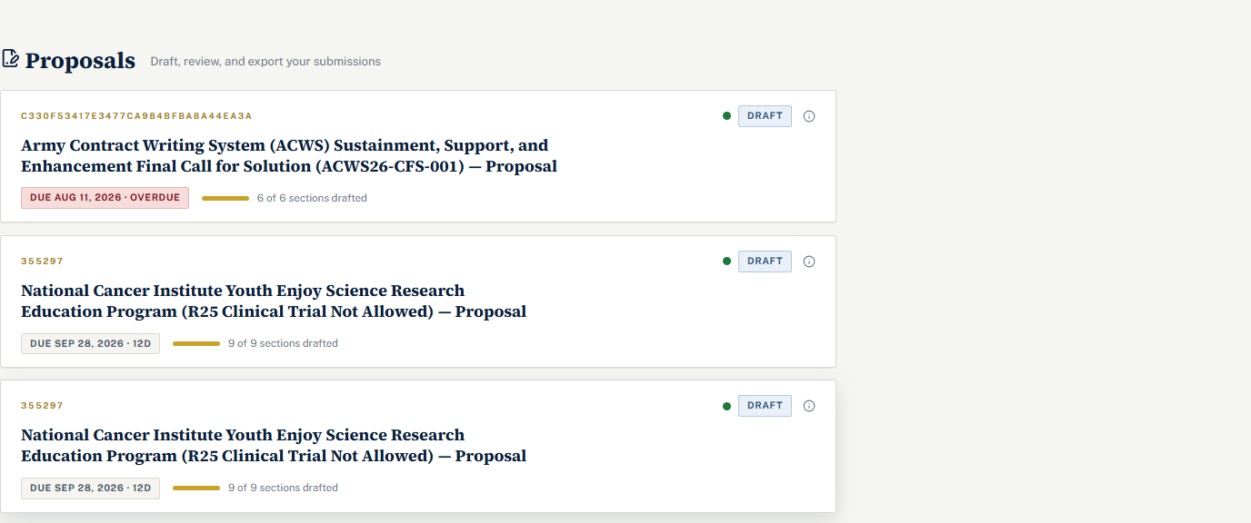 The Proposals list: each submission with its solicitation number, a Draft status chip, its title, a due-date chip, and a progress bar such as 6 of 6 sections drafted