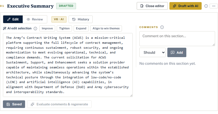 A section block with the editor open: an Edit and Review mode toggle, a version chip reading V6 AI, a History button, the AI edit selection toolbar with Improve, Tighten, Expand, and Align to win themes, the Markdown textarea, a Comments sidebar, and Save and Evaluate comments and regenerate buttons