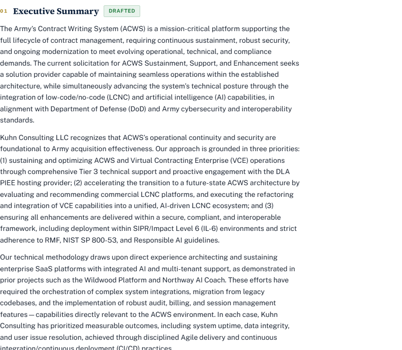 A drafted section on the canvas: the number 01, the heading Executive Summary, a Drafted chip, and the opening paragraphs of the draft