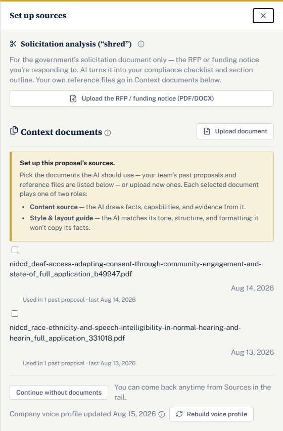 The Set up sources drawer on a fresh proposal: the shred card, then a guided note explaining the Content source and Style guide roles above the company's document list, with a Continue without documents button at the bottom