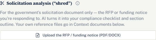 The Solicitation analysis card: a note that it is for the government's document only, and an Upload the RFP or funding notice button