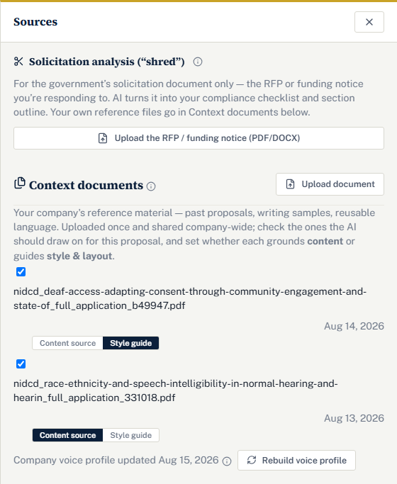 The Sources drawer: the Solicitation analysis card with its upload button, then the Context documents card listing two uploaded PDFs, each with a checkbox and a Content source or Style guide toggle, and a Rebuild voice profile button