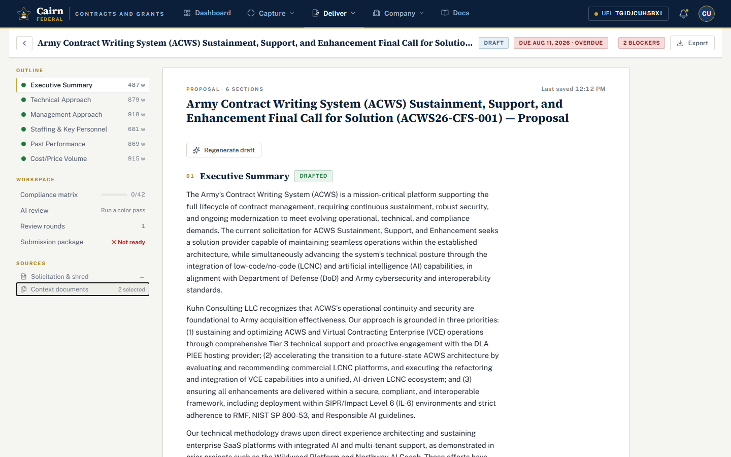 The proposal workspace: the sticky header with status, due date, a blockers chip, and Export, the outline rail on the left with Outline, Workspace, and Sources groups, and the document canvas showing a drafted Executive Summary