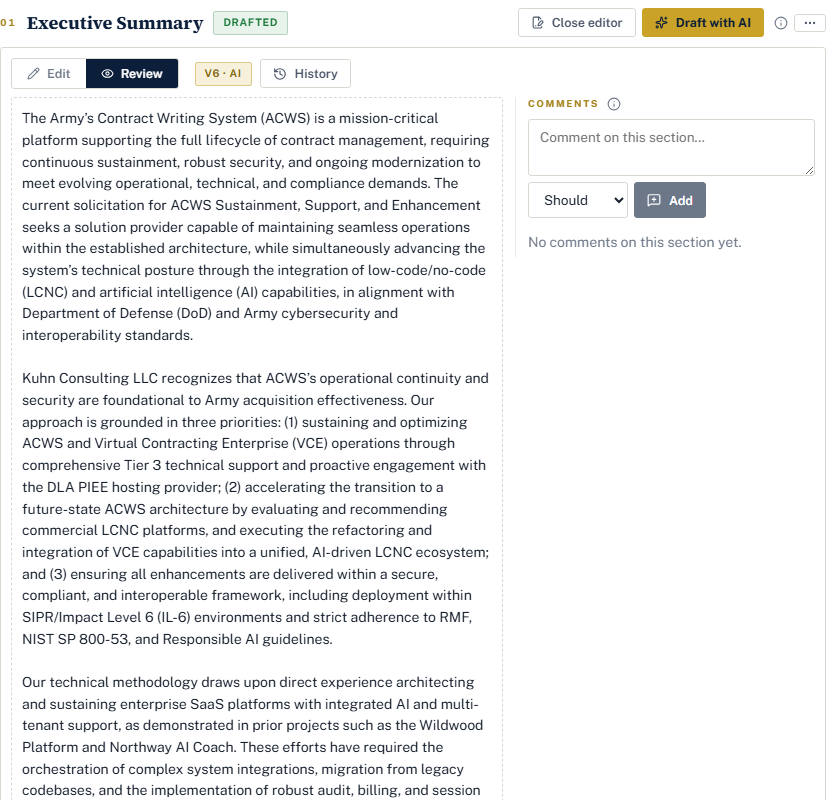A section in Review mode: the Review toggle selected, the drafted text on the left, and a Comments sidebar on the right with a comment box, a severity select reading Should, and an Add button