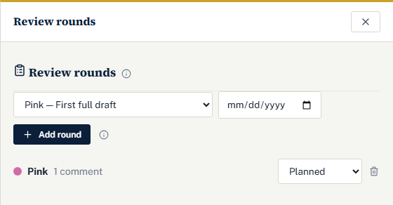 The Review rounds drawer: a color team select reading Pink, a due date, an Add round button, and an existing Pink round with one comment and a Planned status