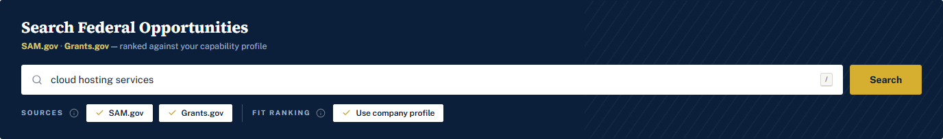 The Search Federal Opportunities band: a keyword box, a Search button, SAM.gov and Grants.gov source pills, and the Use company profile pill