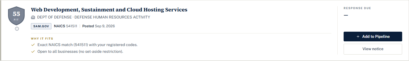 A result card: a fit shield reading 55, the title, the agency, a SAM.gov badge, the NAICS code and posted date, a Why it fits list, and Add to Pipeline and View notice buttons